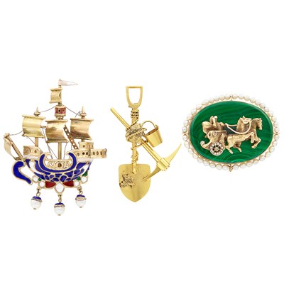 Lot 27 - Three Gold, Low Karat Gold, Malachite, Cultured Pearl, Enamel and Diamond Carriage, Galleon & Gold Miners Brooches