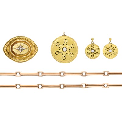 Lot 24 - Rose Gold Link Chain and Pair of Antique Gold, Enamel and Split Pearl Earrings and Two Brooches