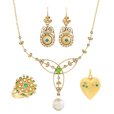 Lot 16 - Antique Gold, Emerald, Peridot, Split Pearl, Freshwater Pearl and Diamond Necklace, Pendant, Ring and Pair of Earrings