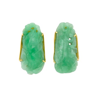 Lot 238 - Pair of High Karat Gold, Gold and Carved Jade Pendant-Earrings