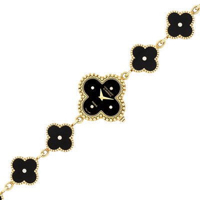 Lot 73 - Gold, Black Onyx and Diamond 'Alhambra' Bracelet-Watch, Van Cleef & Arpels, Paris