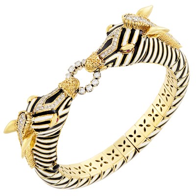 Lot 326 - Gold, White and Black Enamel, Diamond and Ruby Zebra Bangle Bracelet, Frascarolo