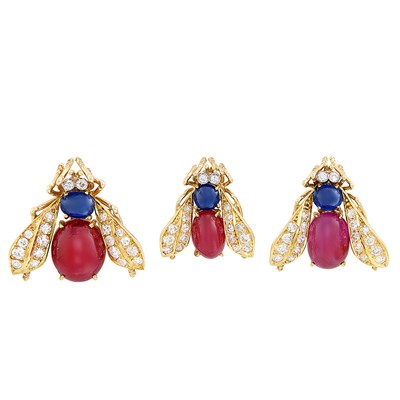 Lot 104 - Three Gold, Cabochon Ruby and Sapphire and Diamond Bee Pins, Van Cleef & Arpels