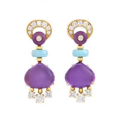 Lot 95 - Pair of Gold, Cabochon Amethyst, Turquoise and Diamond Pendant-Earrings, Bulgari