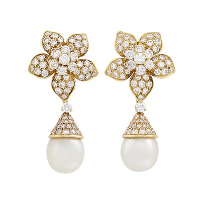 Lot 393 - Pair of Gold, Diamond and Cultured Pearl Flower Pendant-Earclips, Van Cleef & Arpels