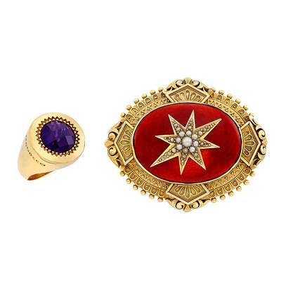 Lot 30 - Antique Gold, Enamel and Split Pearl Pendant-Brooch and Metal and Purple Glass Ring, Rebecca