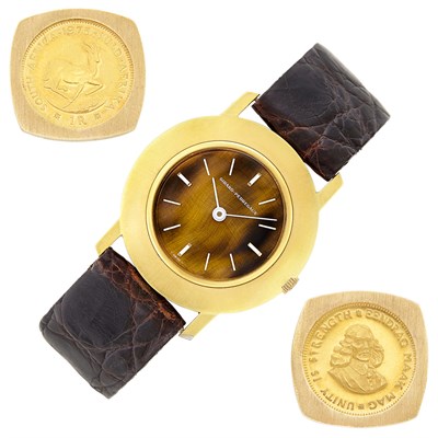 Lot 351 - Gold-Filled and Tiger's Eye Wristwatch, Girard-Perregaux, and Pair of Low Karat Gold and Coin Cufflinks