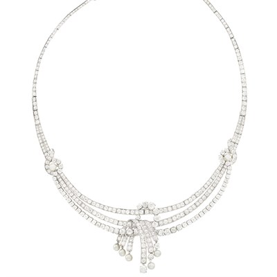 Lot 164 - Platinum, Diamond and Cultured Pearl Swag Necklace