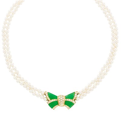Lot 442 - Gold, Green Chalcedony, Cultured Pearl and Diamond Bow Necklace, Van Cleef & Arpels, France