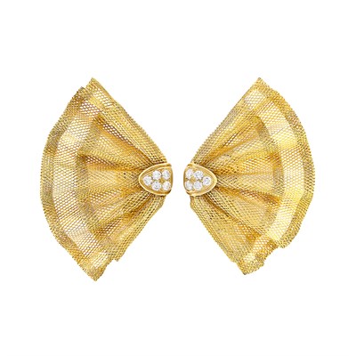 Lot 438 - Pair of Gold and Diamond Tulle Fan Earclips, Van Cleef & Arpels, France
