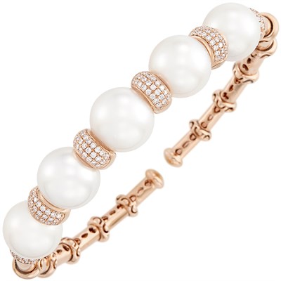 Lot 139 - Rose Gold, South Sea Cultured Pearl and Diamond Bangle Bracelet