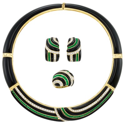 Lot 426 - Two-Color Gold, Black Onyx, Diamond and Emerald Collar Necklace, Ring and Pair of Earrings