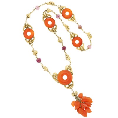 Lot 394 - Art Nouveau Gold, Carnelian and Pink Tourmaline Bat Necklace with Silver and Carnelian Tassel