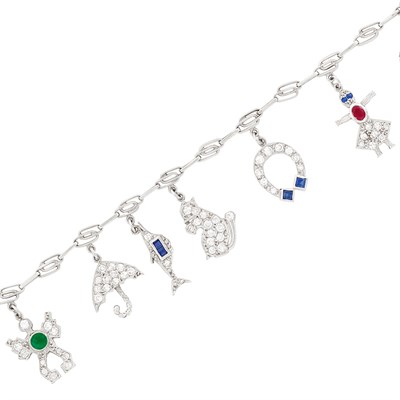 Lot 185 - Platinum, Diamond, Sapphire, Emerald and Ruby Charm Bracelet