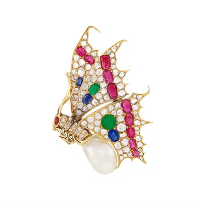 Lot 402 - Antique Gold, Natural Pearl, Diamond, Ruby, Emerald and Sapphire Butterfly Brooch