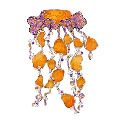 Lot 389 - White Gold, Fire Opal, Diamond, Colored Stone and Enamel Jellyfish Pendant, Patrick Mauboussin, Paris
