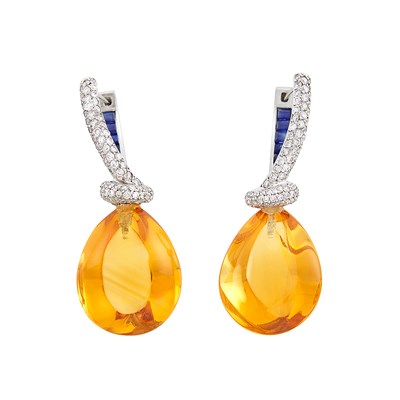 Lot 86 - Pair of White Gold, Citrine, Diamond and Sapphire Pendant-Earrings
