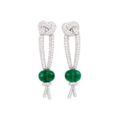 Lot 123 - Pair of White Gold, Emerald and Diamond Pendant-Earrings, Patrick Mauboussin
