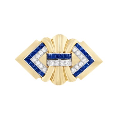 Lot 40 - Retro Gold, Platinum, Sapphire and Diamond Double Clip-Brooch