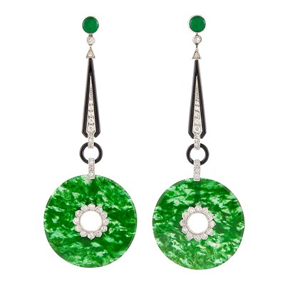 Lot 148 - Pair of Platinum, Diamond, Chloromelanite Jade and Black Enamel Pendant-Earclips