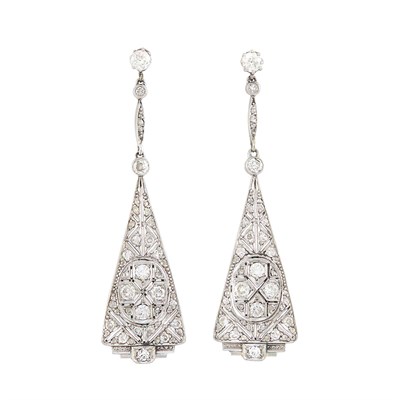 Lot 298 - Pair of Platinum and Diamond Pendant-Earrings