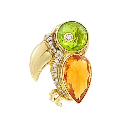 Lot 56 - Gold, Peridot, Citrine and Diamond Parrot Pendant