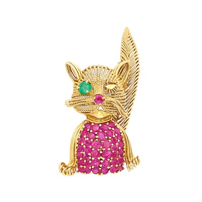 Lot 51 - Gold, Ruby and Emerald Winking Cat Brooch