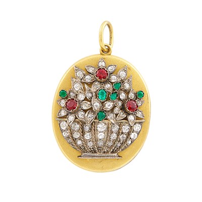 Lot 365 - Antique Gold, Silver, Diamond, Ruby and Emerald Flower Basket Pendant-Locket
