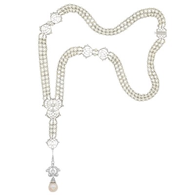 Lot 153 - Edwardian Platinum, Seed Pearl and Diamond Sautoir with Natural Freshwater Pearl and Diamond Pendant