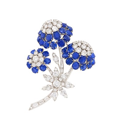 Lot 255 - Platinum, Diamond and Sapphire Flower Clip-Brooch