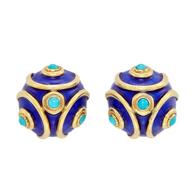 Lot 24 - Pair of Gold, Blue Enamel and Turquoise Earclips, Tiffany & Co.