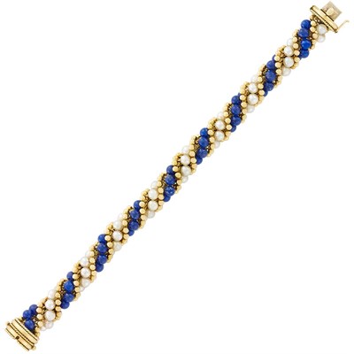 Lot 22 - Gold, Cultured Pearl and Lapis Bead Torsade Bracelet