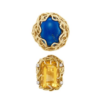 Lot 207 - Gold and Lapis Dome Ring and Citrine and Diamond Ring