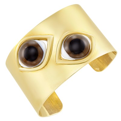 Lot 37 - Gold and Bull's Eye Agate Cuff Bangle Bracelet, Faraone