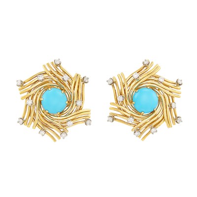 Lot 52 - Pair of Gold, Platinum, Turquoise and Diamond Earclips, Tiffany & Co., Schlumberger