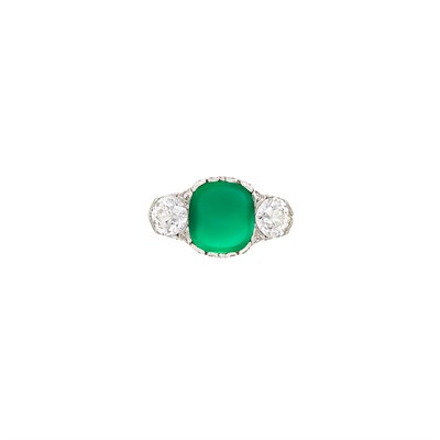 Lot 147 - Platinum, Cabochon Emerald and Diamond Ring