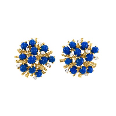 Lot 349 - Pair of Gold, Lapis and Diamond Earclips, Tiffany & Co.