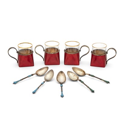Lot 262 - Set of Four Russian Lacquered Silver Vodka...