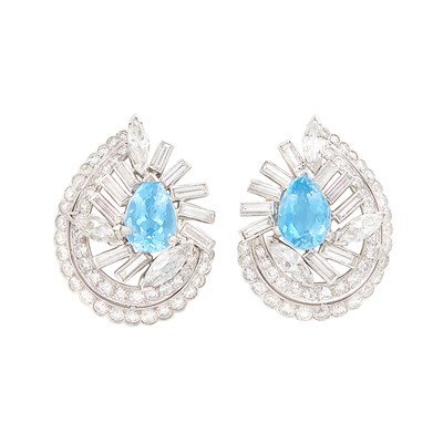 Lot 407 - Pair of Platinum, Aquamarine and Diamond Earclips