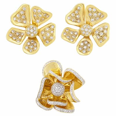 Lot 112 - Pair of Gold and Diamond Flower Earclips and Ring