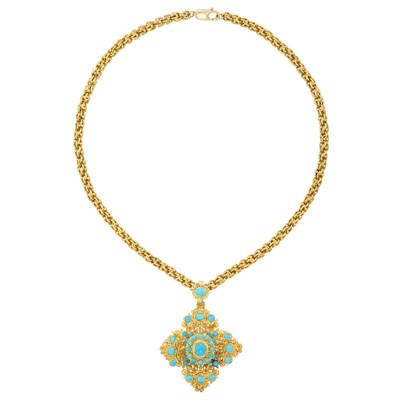 Lot 175 - Cannetille Gold and Turquoise Pendant with Gold Chain Necklace