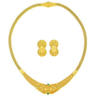 Lot 231 - Gold, Emerald and Diamond Necklace and Pair of Gold Earclips