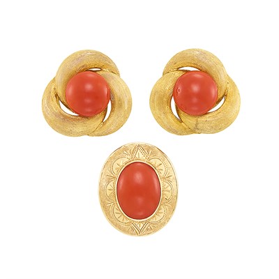 Lot 191 - Pair of Gold and Coral Earclips and Ring
