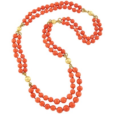 Lot 190 - Long Double Strand Coral and Gold Bead Necklace