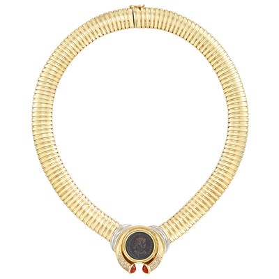Lot 395 - Two-Color Gold, Bronze Coin, Diamond and Cabochon Carnelian Necklace