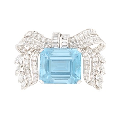 Lot 406 - Platinum, Aquamarine and Diamond Bow Brooch