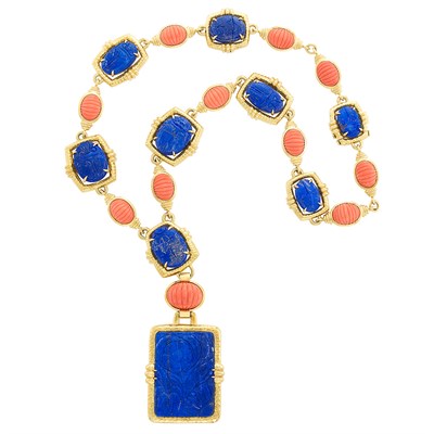 Lot 15 - Gold, Carved Lapis and Coral Pendant-Necklace, David Webb