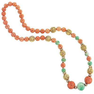 Lot 333 - Carved Coral, Jade and Gold Bead and Diamond Necklace, Van Cleef & Arpels