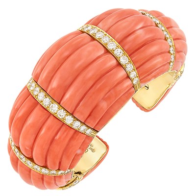 Lot 331 - Carved Coral, Gold and Diamond Cuff Bangle Bracelet, David Webb