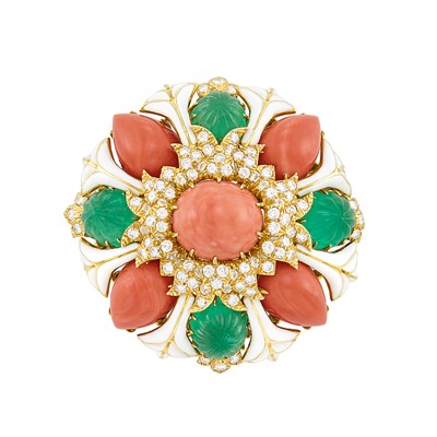 Lot 332 - Gold, White Enamel, Coral, Carved Emerald and Diamond Clip-Brooch, David Webb